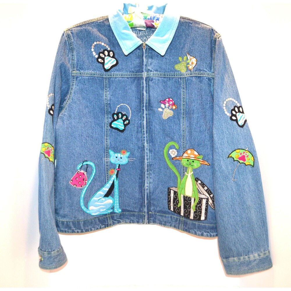 Vintage Denim Jean Jacket Cats Kittens Rhinestones Bling 90s Y2K Show Piece